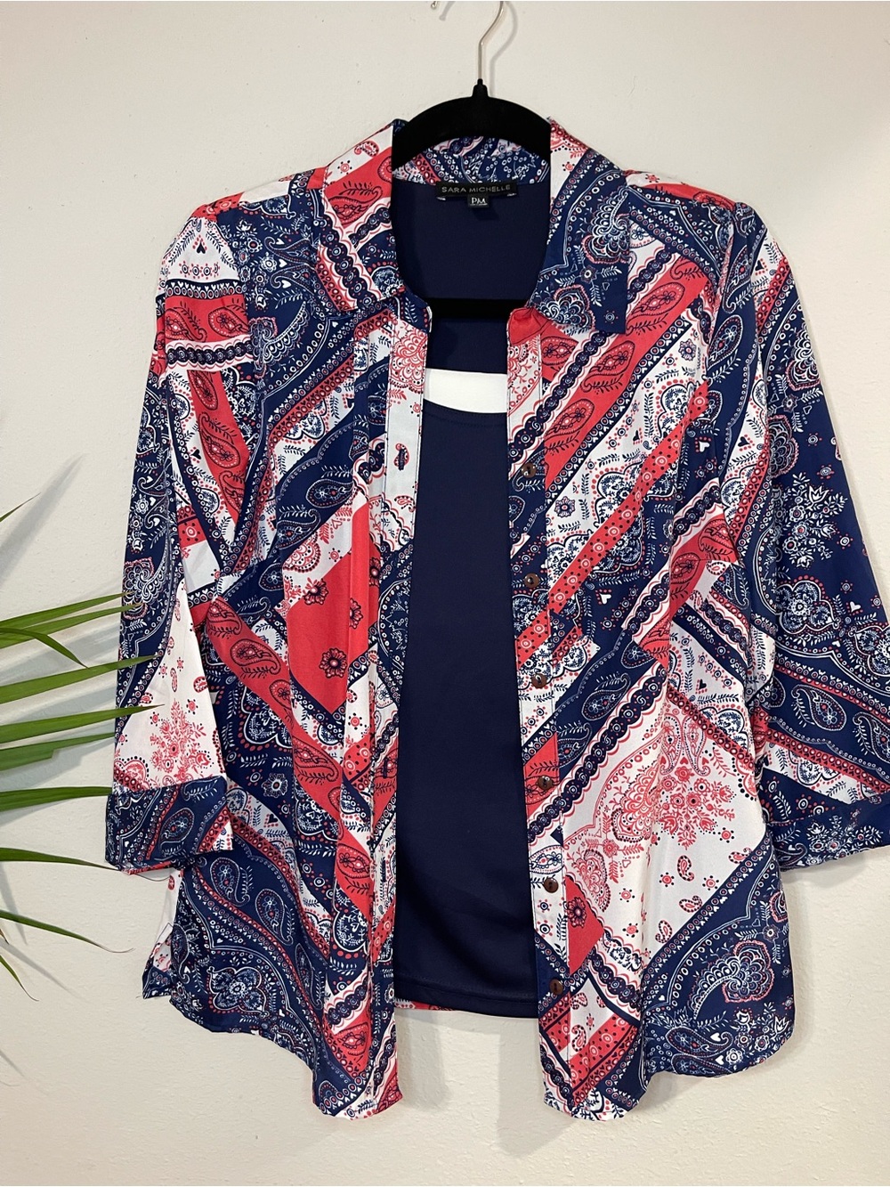 Sara Michelle Navy, Red & White Paisley Open-Front Shirt with Shell